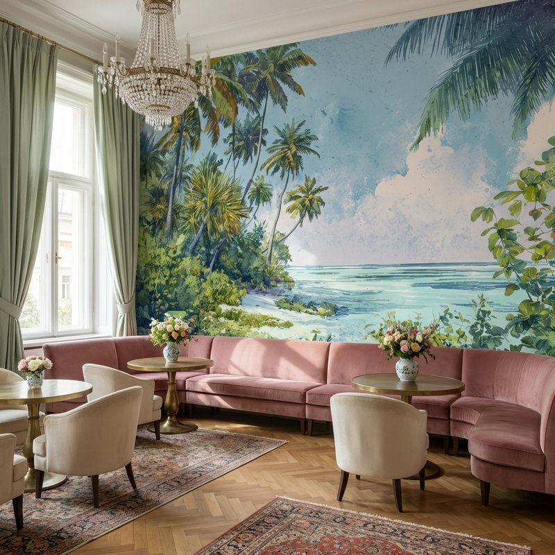 Papier peint mural Plage tropicale Palmier Mer, 200 po x 120 po, Peler et coller