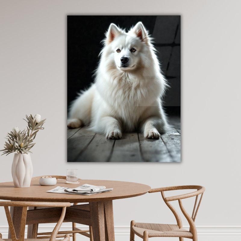 Art mural en verre trempé chien blanc, 36" H x 24" W