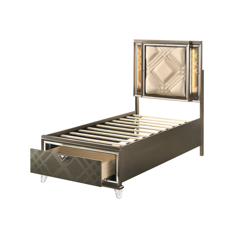 Lit double foncé foncé avec rangement, rangement, DEL, cuir synthétique scintillant
