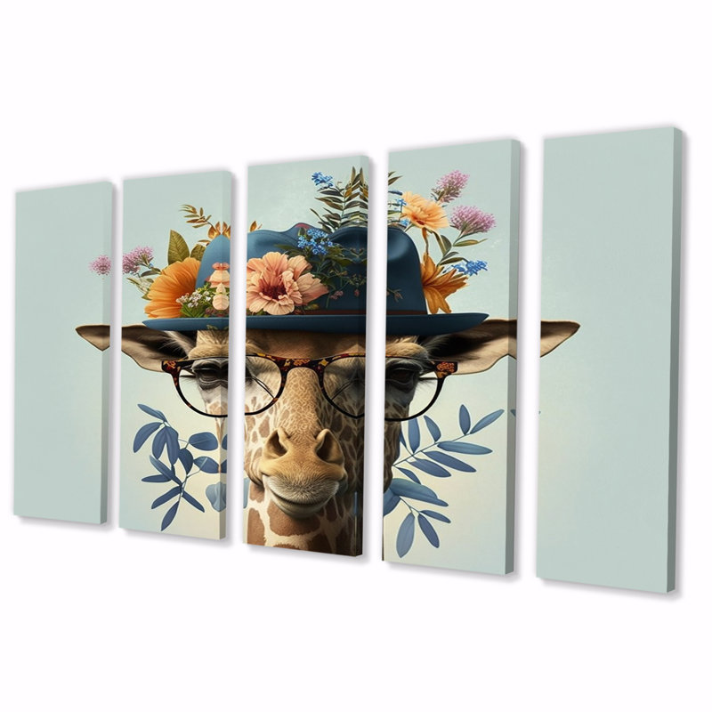 Portrait de girafe avec des lunettes et un chapeau - décoration murale animaux - 5 panneaux égaux