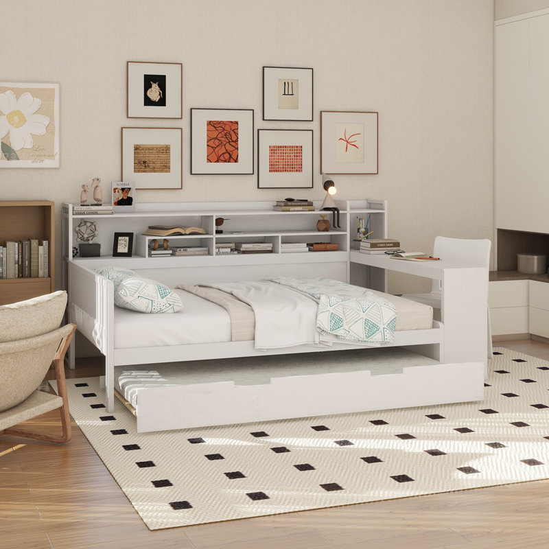 Wooden Daybed With Storage Shelves, Multi-Functional Bed With Trundle Bed And Study Desk, Full, Antique White