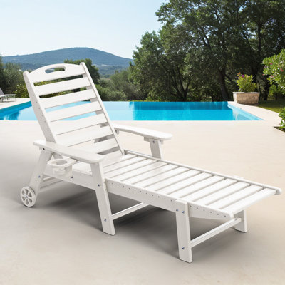 Outdoor HDPE Reclining Lounge Chaise With Wheels & Cup Holder