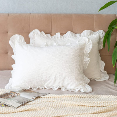 Lot de 2 taies d'oreiller en pur coton champray à volants, tissu dobby épais et uni lavé, dimensions standard 51 x 66 cm, ivoire
