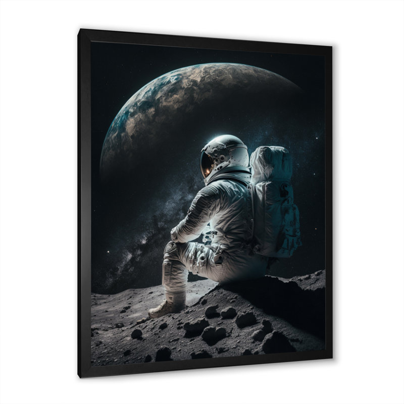 Spaceman on the Moon II - reproduction d'art sur toile, L 24 po x H 32 po, Cadre photo noir