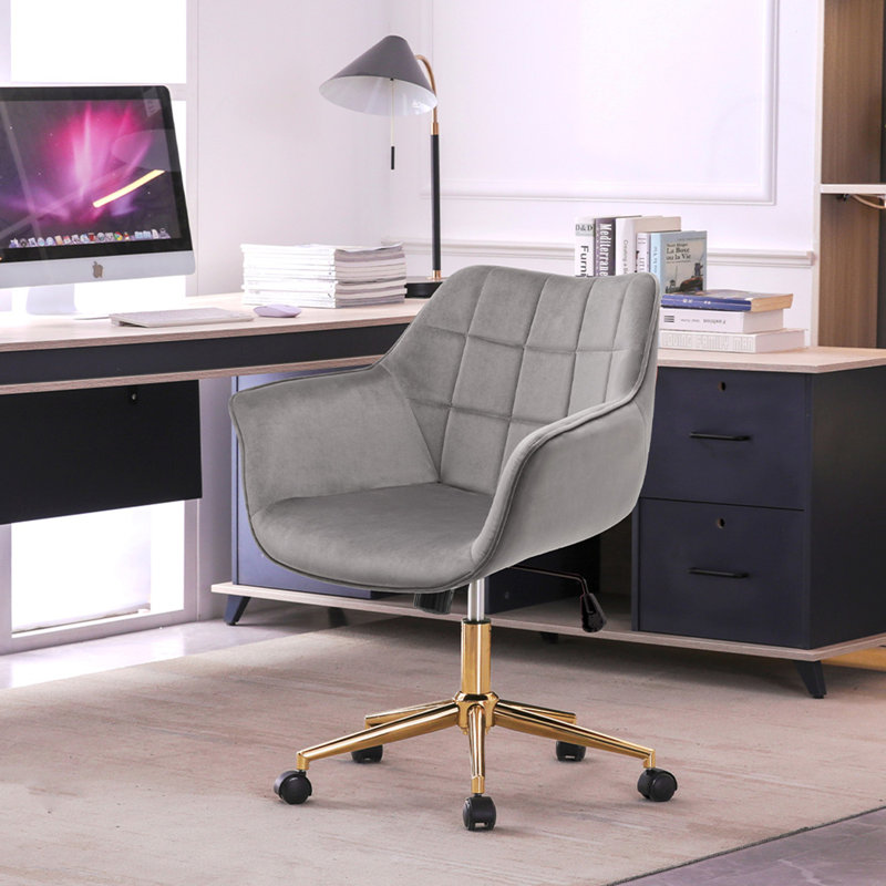 Ergonomic Velvet Upholstered Adjustable Height Swivel Casters Arms Included Metal Base Schick Task Chair, Gray