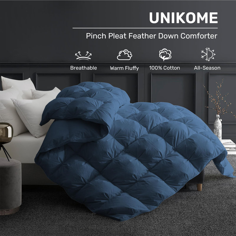 Goose Feather Down Comforter with Pinch Pleat Design, Navy, Queen