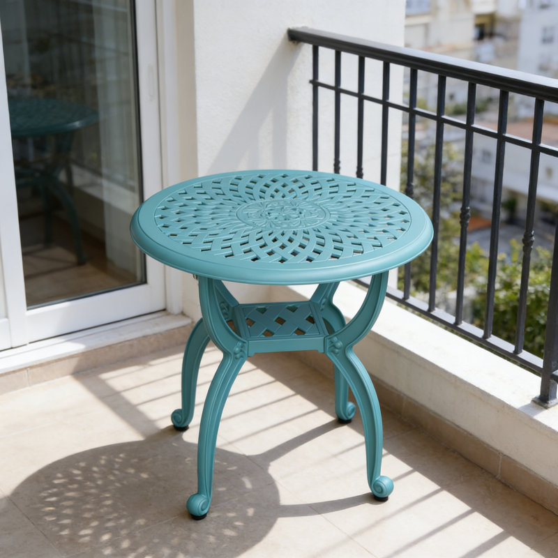 Round Blue Cast Aluminum Outdoor Side Table, Anti-Rust For Garden, Blue