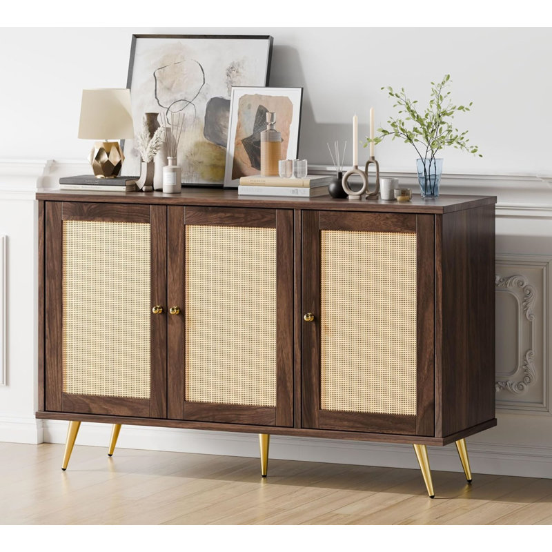 Walnut and Rattan 3-Door Accent Storage Cabinet