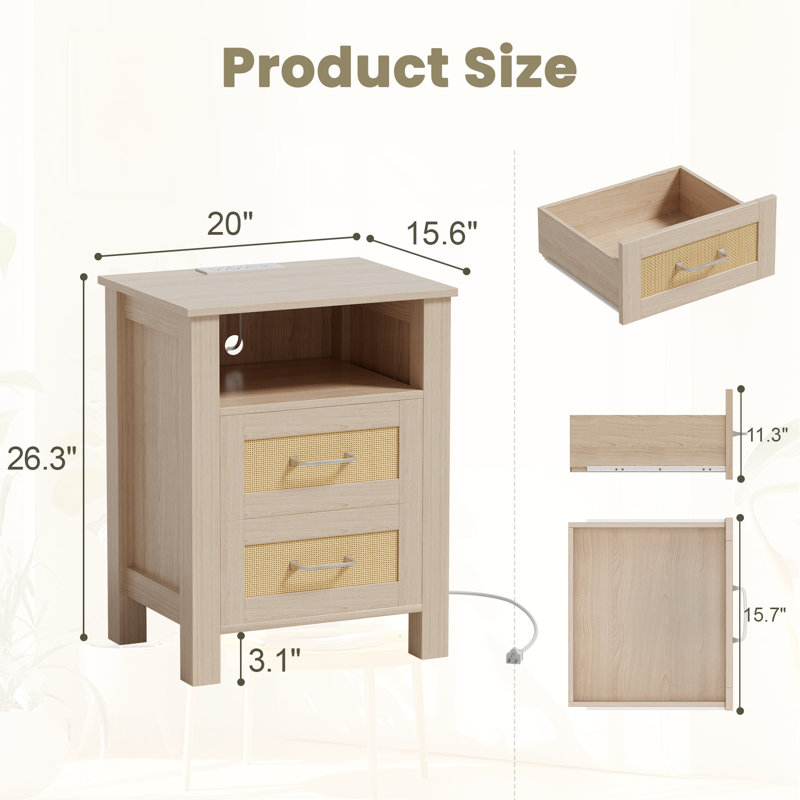 Rattan Nightstands With Charging Station,modern Bedside Stand For Bedroom, Beige, 2