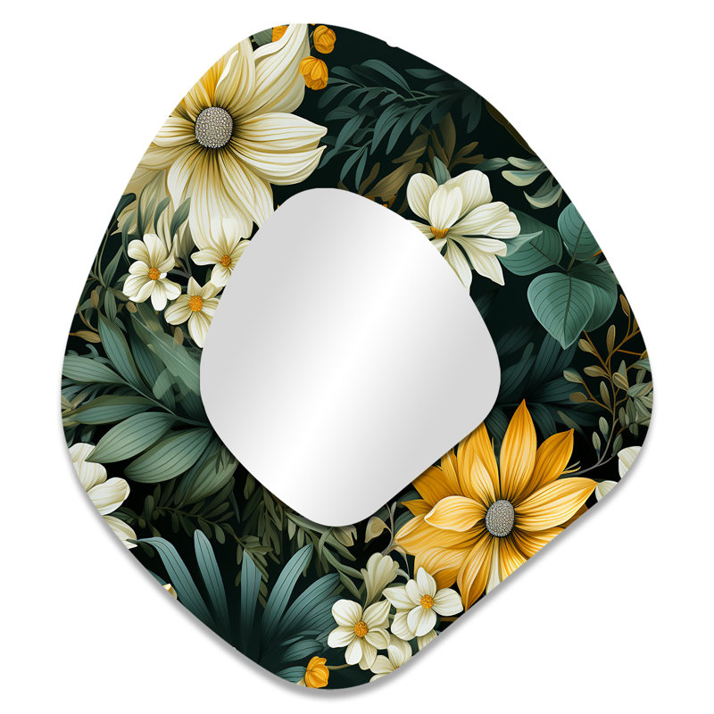 Botanical Green And Yellow Poppies Garden I - Floral Unique Shape Wall Mirror, Cottage Asymmetrical Decorative Mirror, Printed Metal Art