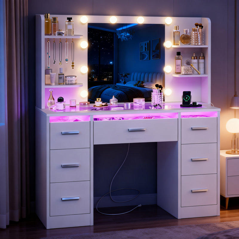 Dressing Table with RGB LED Mirror & Charging Station, Vanity Table with 7 Drawers and 2 Usb Ports