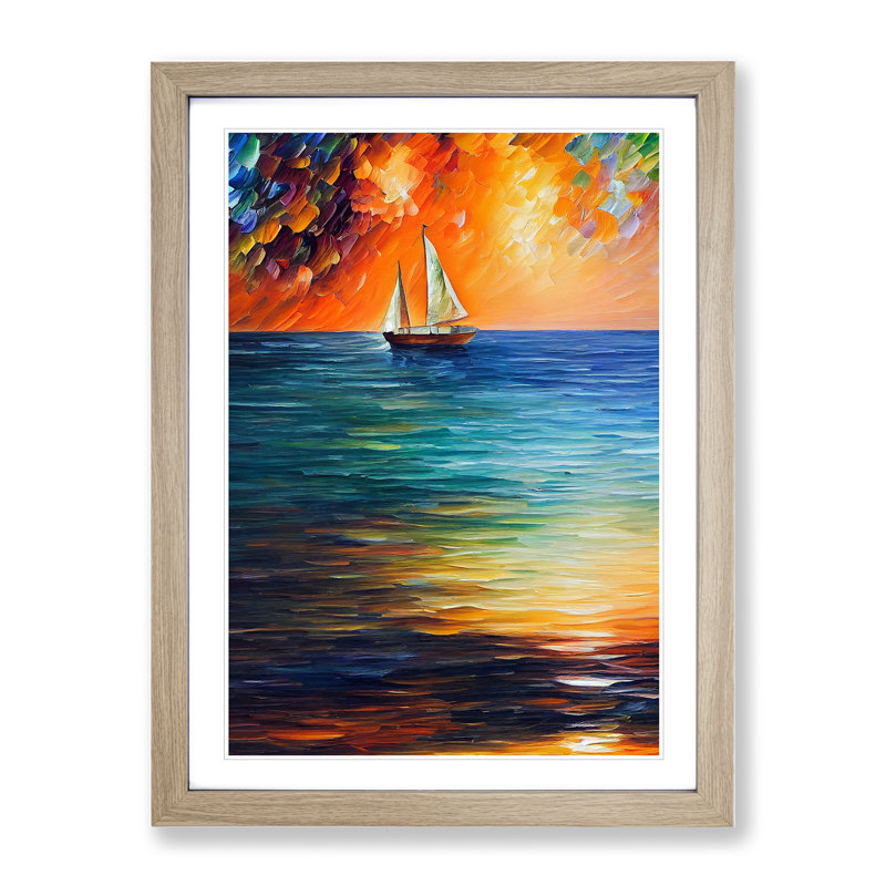 Boat At Sunset No.1 - Framed Print, 46cm H x 34cm W x 2cm D, Oak
