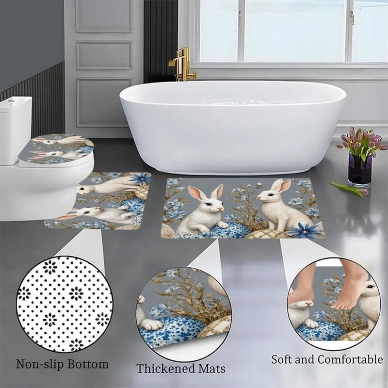 Ensemble de 4 tapis de bain lapins de Pâques blancs