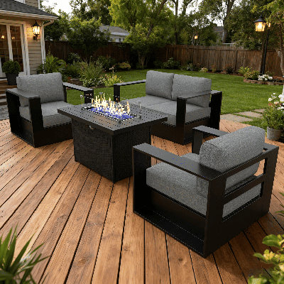 Modern Outdoor Aluminum 4-piece Conversation Set With Firepit Table