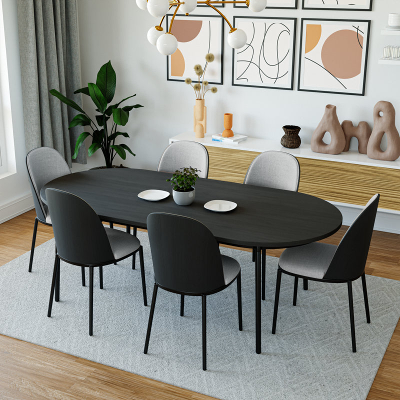 Ensemble de table de salle à manger ovale 71 "avec chaises rembourrées modernes Kelce, Noir, Noir / bleu platine