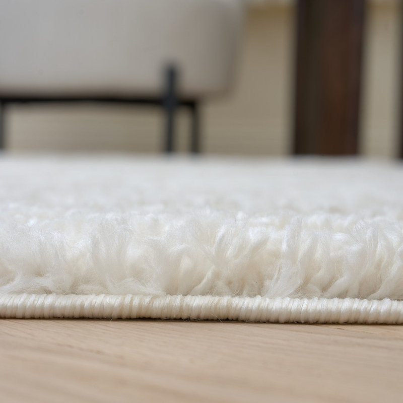 Moodi Modern Shaggy Area Rug Checkered Design, Round 120 cm, Off-White Cream/Light Beige