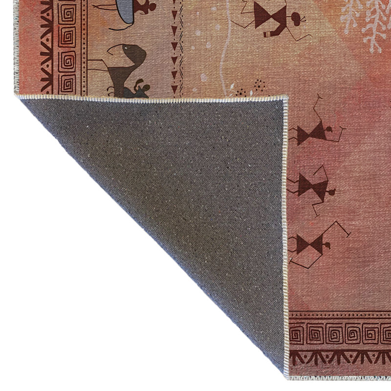 Pink-Beige Themed Ethnic Tree and Human Patterned Creative Modern Decorative Rug, Rectangle 4'7" x 6'7"
