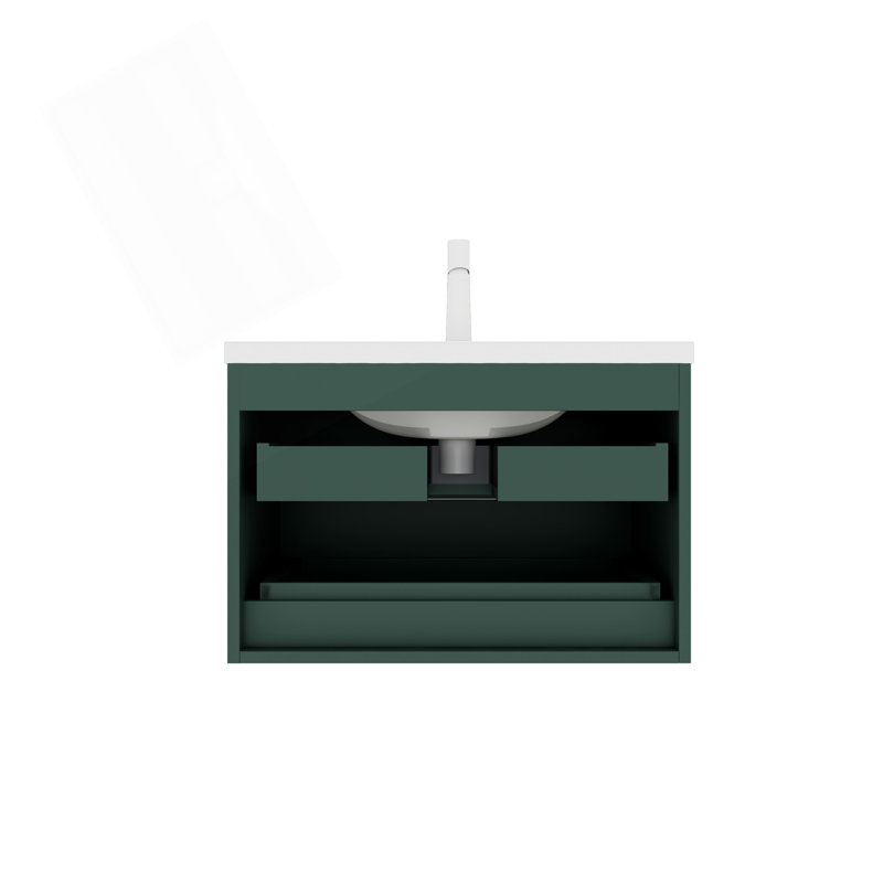 Meuble-lavabo mural moderne avec 2 tiroirs, lavabo en céramique blanche et rangement spacieux pour une salle de bain sans encombrement.