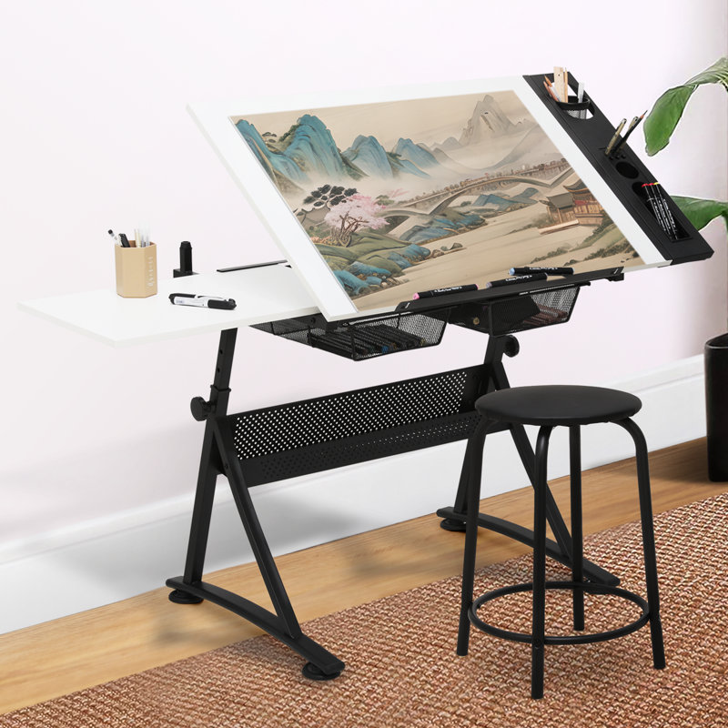 Craft and Drawing Table Workstation with Stool, Drafting Table with Slide-Out Tabletop and Drawers