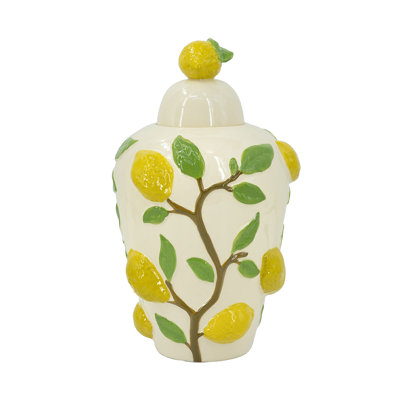 8.7x8.7x15"white Ceramic Vase – Vibrant Yellow Lemon & Green Vine Accents, 4.4lbs 100% Ceramic Decor For Living Room/kitchen/dining Room
