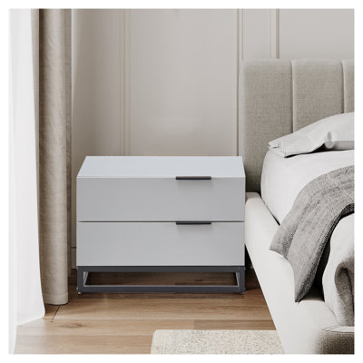 Table de chevet moderne à 2 tiroirs avec poignées en métal, table de chevet de couleur grise et blanche pour la chambre à coucher ou le couloir