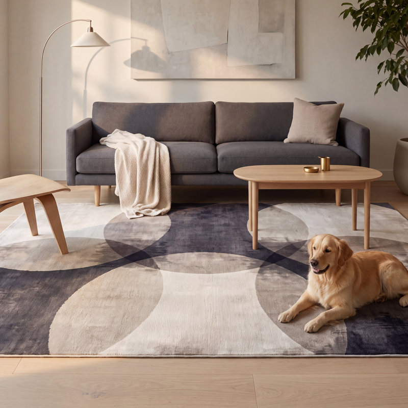 Tapis Fennel2 Modern Circles géométriques gris et noir, lavable à la machine, antidérapant, à poils courts, pour l'intérieur et l'extérieur, adapté aux animaux domestiques, idéal pour le salon, la chambre, la salle à manger, l'entrée, le corridor ou le bureau.