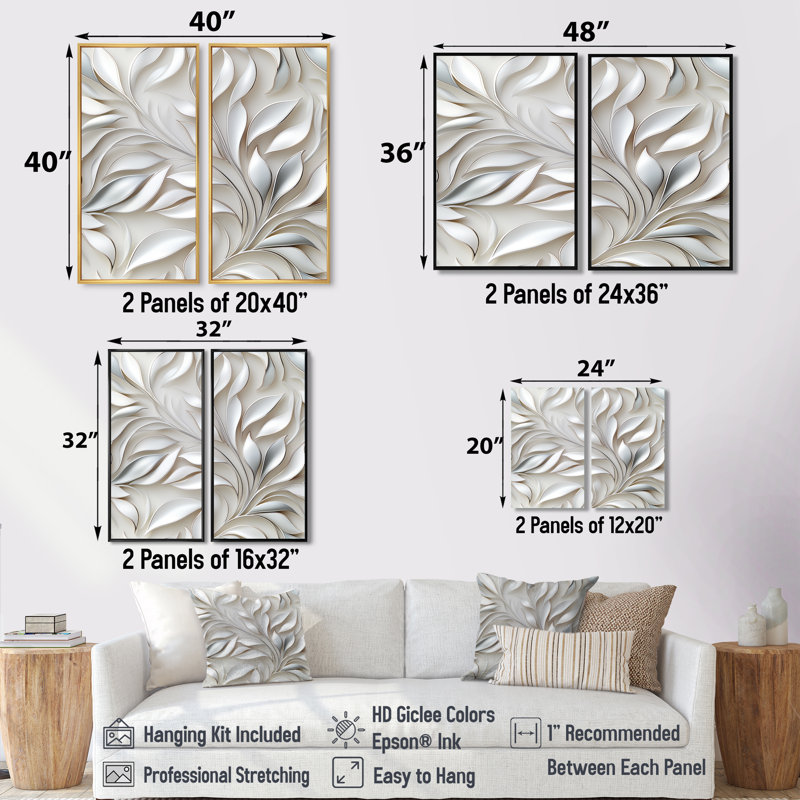 Abstrait argent et motif de fleurs blanches - Art mural sur toile blanche, H 36 po x l 48 po, Impression encadrée flottante