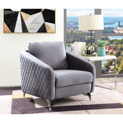 Fauteuil de 36 po en velours gris, coutures losangées, pieds en métal de 54 lb