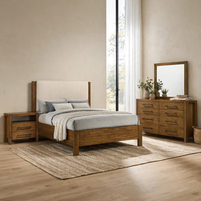 Ensemble de chambre à coucher pour très grand lit 4 pièces Adan, tête de lit en polyester crème, bois d'hévéa brun