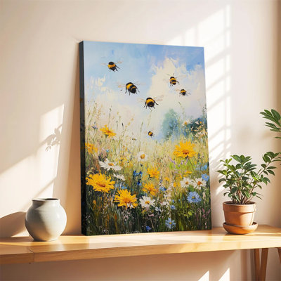 Peinture à l'huile en impasto représentant des bourdons survolant des fleurs sauvages d'une prairie estivale, grande toile tendue sur châssis pour salon ou chambre.