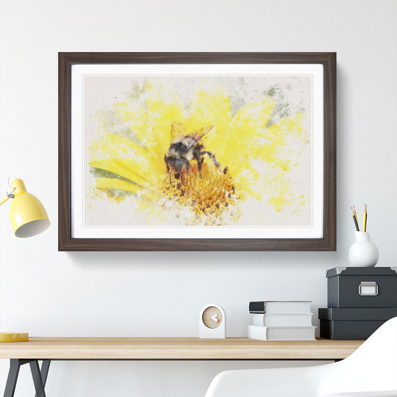 Bee Collecting Pollen Watercolour - Framed Print, 62cm H x 87cm W x 2cm D, Walnut Framed
