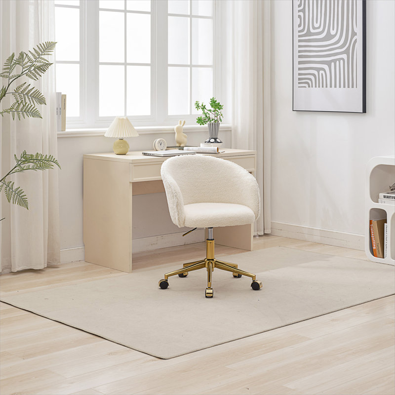Chaise de bureau pivotante rembourrée en laine Leomie, Blanc / Blanc