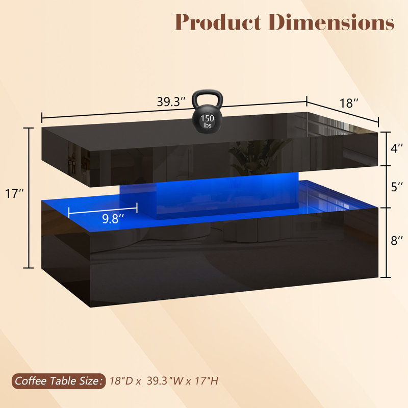 Coffee Table With Led Light, Modern High Gloss Finish Center Table With 2-tier Storage Space, Minimalist Coffee Table For Living Room, Office