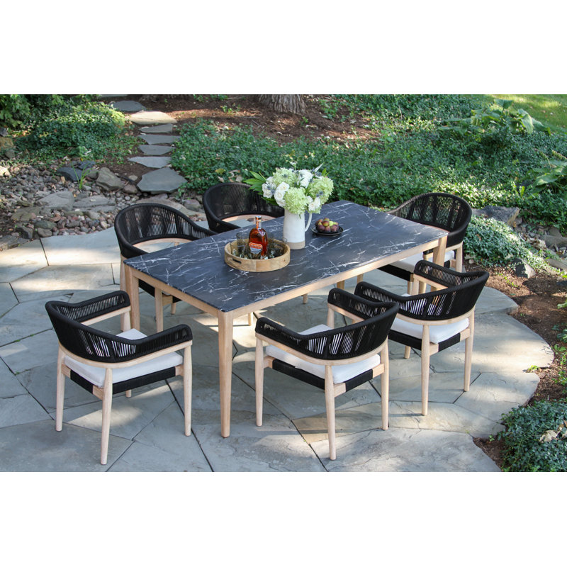 Posey 7 Pc. Marble Composite Dining Table With Wheat Wicker Chairs, Black