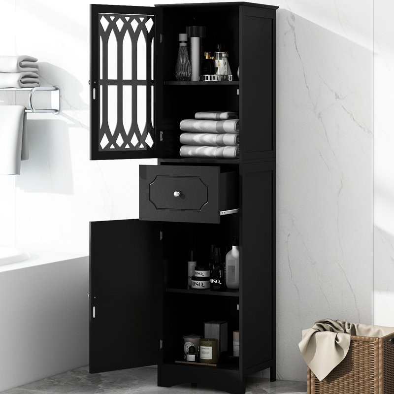 Grande armoire de salle de bain noire avec tiroir et porte à console lisse