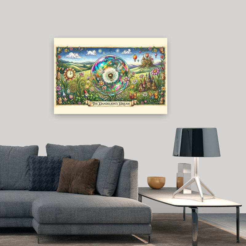 The Dandelion'S Dream Colorful Playful Vibrant Butterfly Cat Dandelion Flower Landscape Wall Art Print by Katie Towers - Wrapped Canvas Print