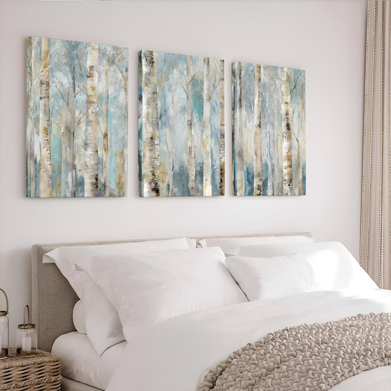 «Birch Tree Forest Abstract Landscape», ensemble de 3 reproductions d'art sur toile tendues, H 18 po x l 36 po