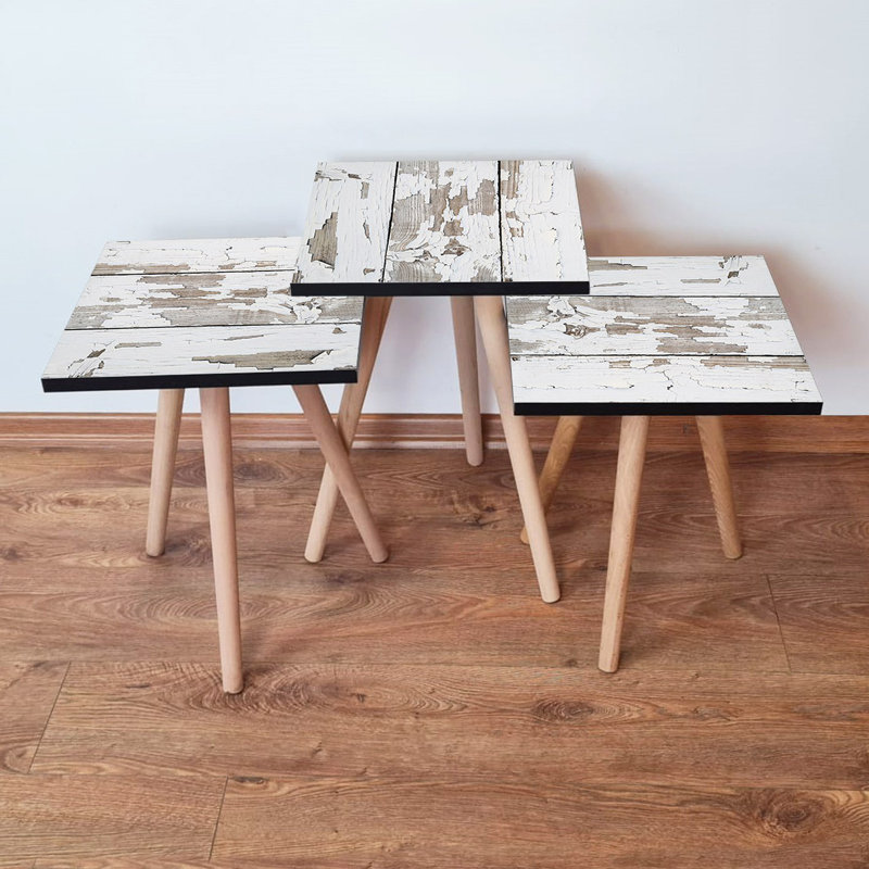 Ensemble de tables gigognes modernes (3 pièces), blanc et brun, 13,8 po x 20,5 po x 13,8 po | 100% panneau de fibres à densité moyenne avec pieds en bois de hêtre, épaisseur: 0,7 pouce | Élégant et polyvalent pour la décoration rustique, parfait pour le salon ou le bureau