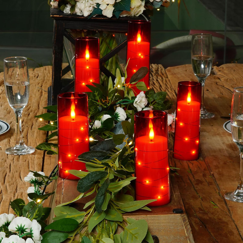 Flameless Led Candles With Embedded Star String, 5 Pcs Battery Operated Acrylic Pillar Candles With Timer And Remote, Flickering Candles For Romantic Ambiance And Home Decoration(red)