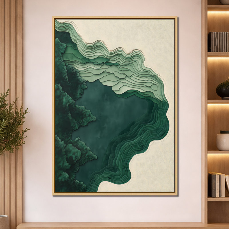 Lake in Contour Lines II - Abstract Green Canvas Prints, 60" H x 40" W, Natural Floater Framed