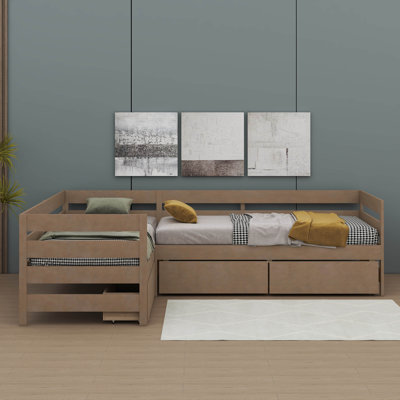 Lit plateforme compact en forme de L avec trois tiroirs de rangement