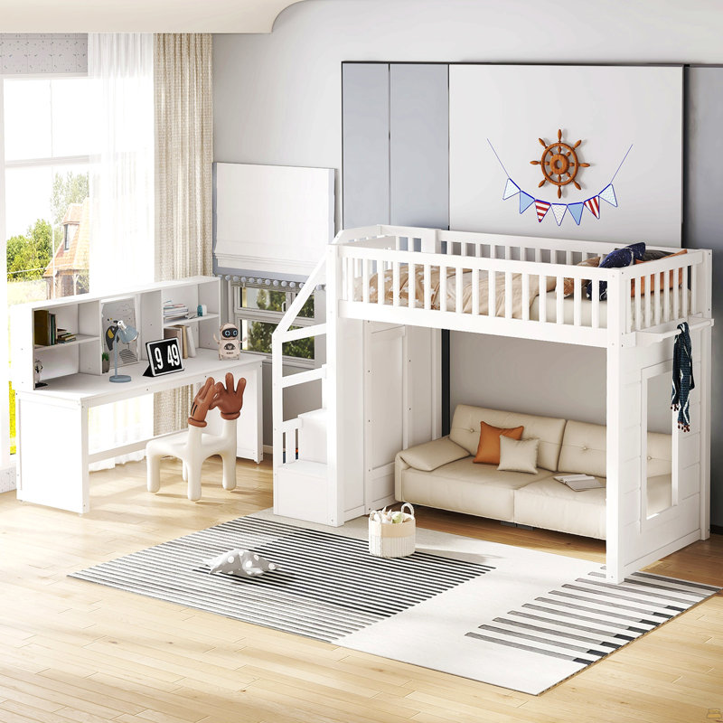 Lit mezzanine simple avec bureau mobile et tablette de rangement, Lit simple, Blanc
