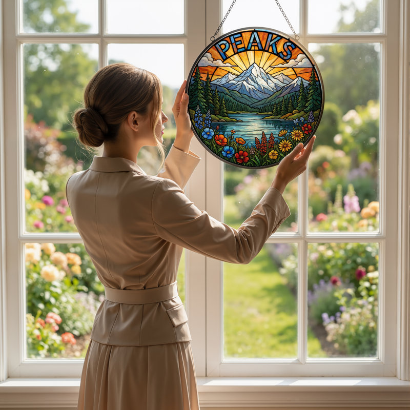 12"H Mountain Landscape Stained Glass Window Panel, 12" H x 12" W