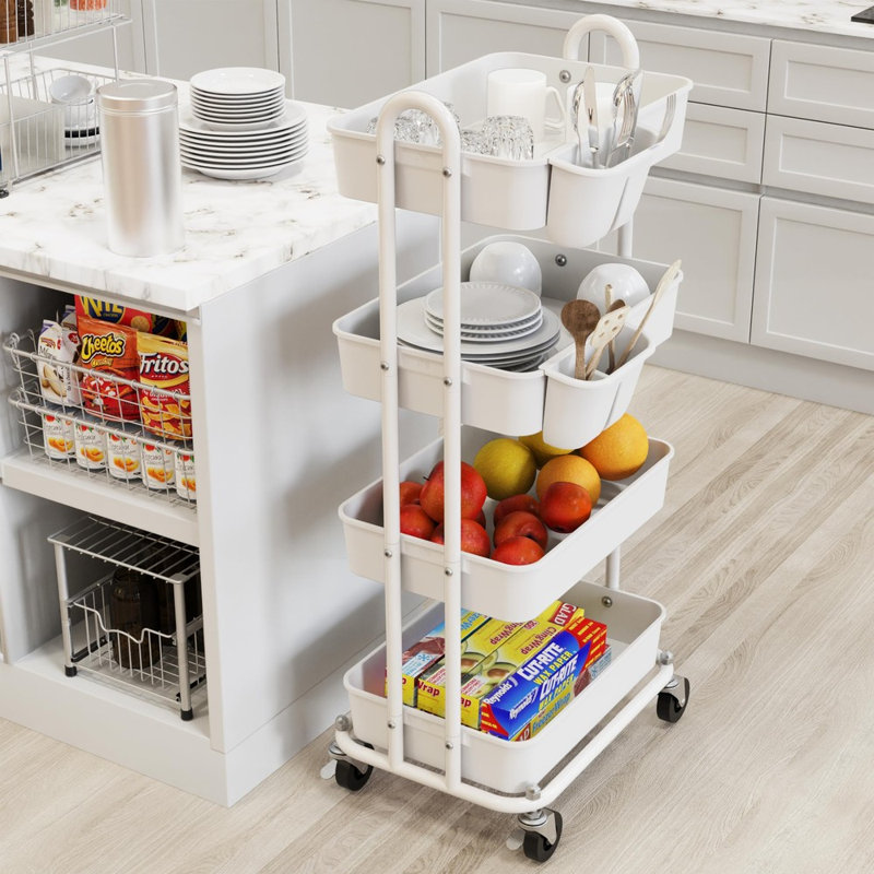 Chariot de rangement mobile à 4 niveaux avec bacs suspendus et roulettes pivotantes verrouillables, White