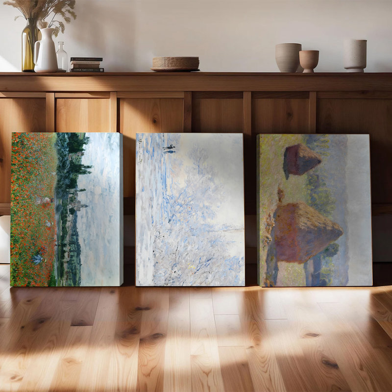Ensemble de 3 affiches encadrées, triptyque sur toile inspiré des chefs-d'œuvre de Monet : Champ de coquelicots, Nymphéas et Meules de foin. Décoration murale vintage impressionniste pour salon, chambre à coucher et bureau.