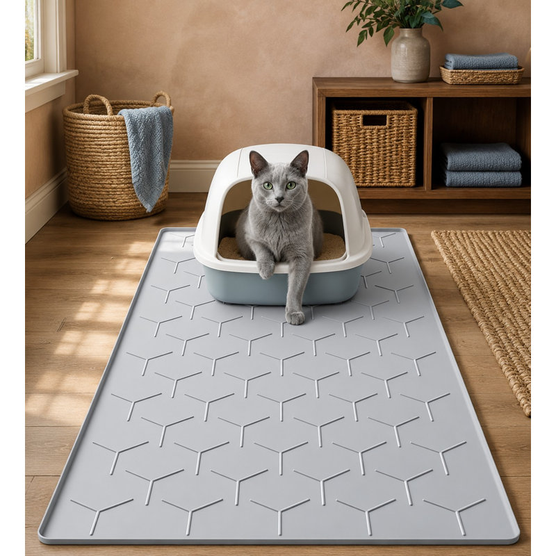 Gray 34 x 22 in waterproof silicone cat litter mat with raised edges that capture litter and protect flooring from urine; the easy-clean design also works for dog areas, sinks, kitchens, and boots.