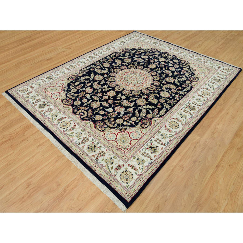 8'x10'1" Vulcan Blue Hand Knotted Nain Center Medallion Flower Design 250 KPSI Wool Rug A6BC48509E5D47F49D0ECCD3875C8887