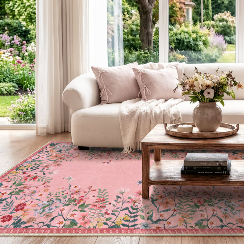     Floral Vintage Washable Pink 4X6 Area Rug with Non Slip Backing - Low Pile Durable Carpet for Living Room, Bedroom, Dining Room or Office Decor