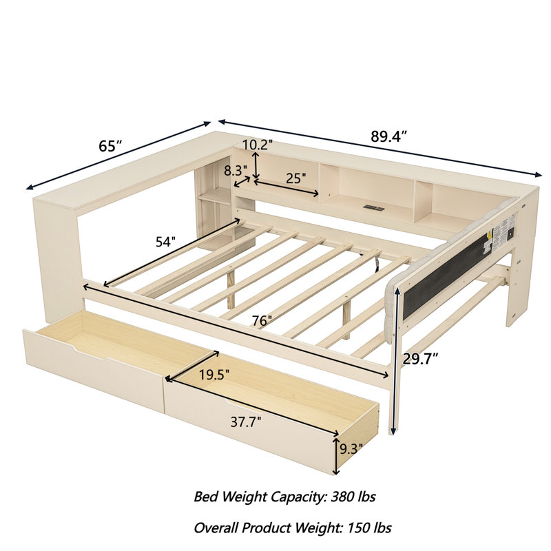 Full Size Daybed With Desk, Charging Station And Storage, Cream