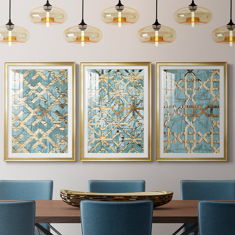Gilded Geometrics I - impression personnalisée de qualité supérieure avec cadre mat - 3 pièces, H 15 po x l 19 po, Doré